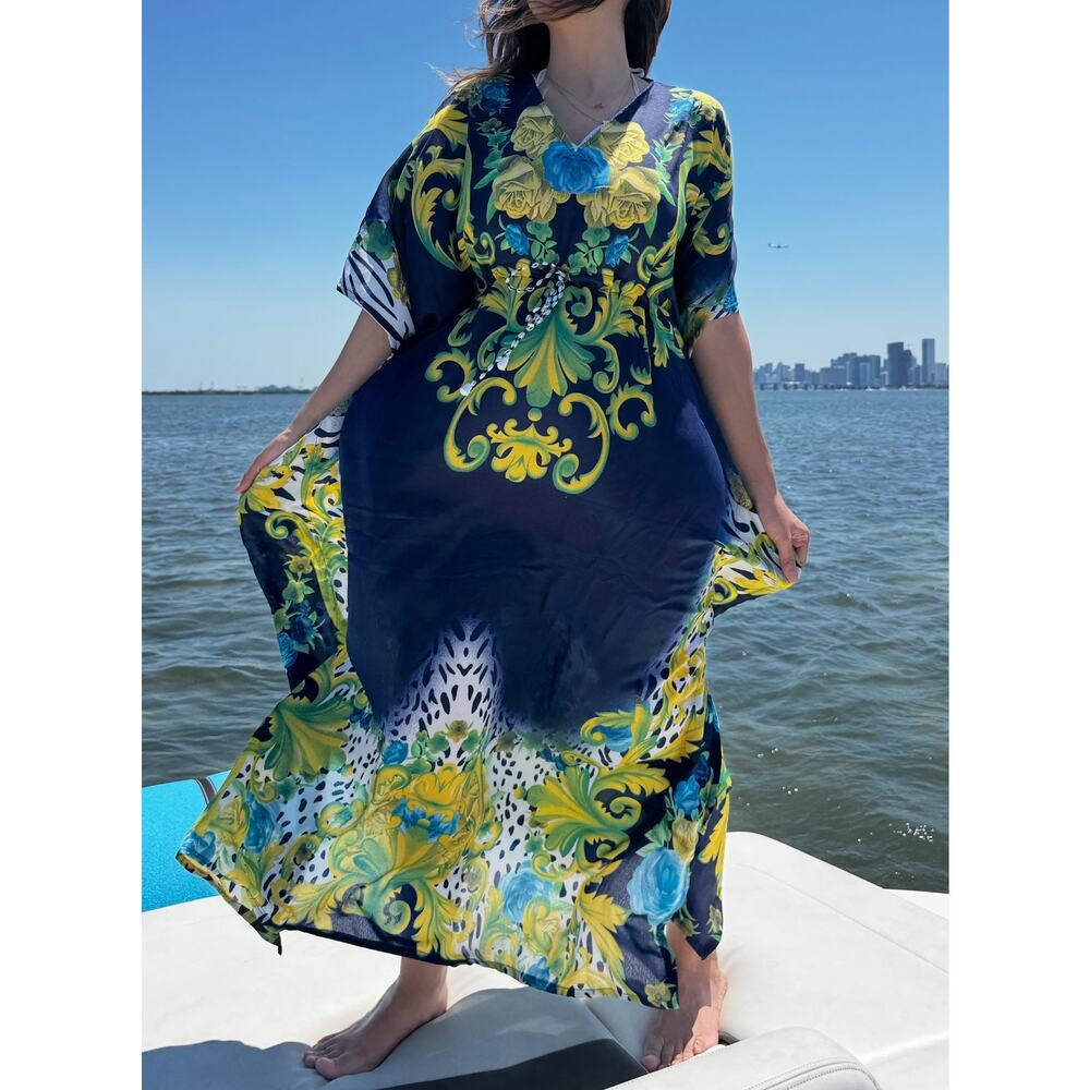 Floral Baroque Navy & Yellow One-Piece gorgeous Kaftan!